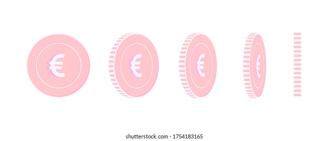 European Union Euro rotating coins set, animation ready. Pink EUR copper coins rotation. Europe metal money. Captivating cartoon vector illustration.