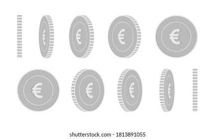 European Union Euro rotating coins set, animation ready. Black and white EUR silver coins rotation. Europe metal money. Decent cartoon vector illustration.