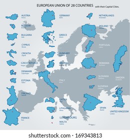 European Union, Europa of 28 countries with Capital city marked and named.