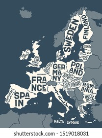 European Union, Europe. Poster map of the European Union with country names. Print map of EU for web and polygraphy on business, economic, political, Brexit and geography themes. Vector Illustration