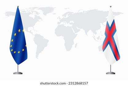 European Union and Faroe Islands flags for official meeting against background of world map.