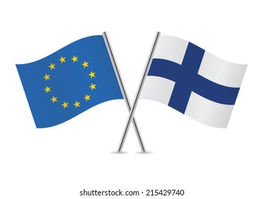 European Union and Finland crossed flags. EU and Finnish flags, isolated on white background. Vector icon set. Vector illustration.