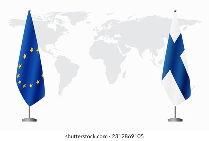 European Union and Finland flags for official meeting against background of world map.