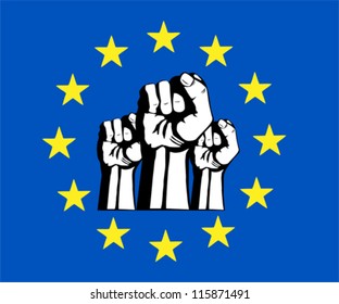 European Union fist, flag, protest.