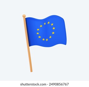 European Union Flag 3D icon vector. Europe flag modern icon. Waving in the Wind on Pole. EU, Euro integration. European integration process of uniting European countries