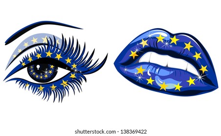 European Union Flag in beautiful female eye and lips