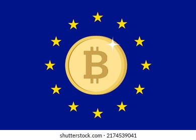 European Union flag and bitcoin coin. Cryptocurrency tax regulation on Europe