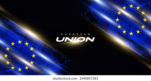 European Union Flag in Brush Paint Style with Halftone and Glowing Light Effects. Flag of Europe with Grunge Concept