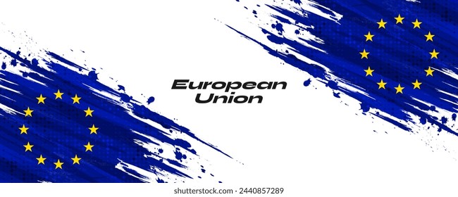 European Union Flag in Brush Paint Style with Halftone Effect. Flag of Europe with Grunge Concept