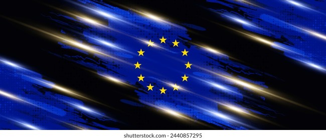 European Union Flag in Brush Paint Style with Halftone and Glowing Light Effects. Flag of Europe with Grunge Concept