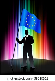 European Union Flag with Businessman on Abstract Spectrum Background Original Illustration