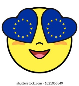 European Union flag button. Patriotic smile in hearts glasses. Emoji icon isolated on white background.