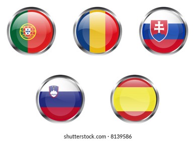 European Union flag buttons - Portugal, Romania, Slovakia, Slovenia, Spain - Vector version
