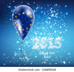 European Union flag. The celebration and gifts. Balloon on Happy New Year. Merry Christmas. The sky sparkles with stars and snowflakes. Vector. Icon. flag of 