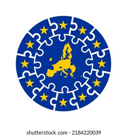 European Union Flag Circle Puzzle On The White Background. Flag Of European Union With Maps Member States.  EU Concept For Your Web Site Design, App, UI. EPS10.