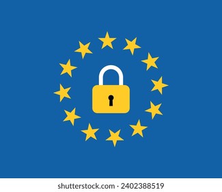 European union flag with a closed lock symbol stops emigration unauthorized signal vector illustration.