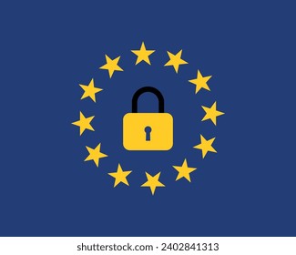 European union flag with a closed lock symbol stops emigration unauthorized signal vector illustration.