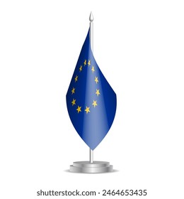 The European Union flag is displayed vertically on a silver stand, featuring twelve gold stars in a circle on a blue field, set against a white background. Vector illustration