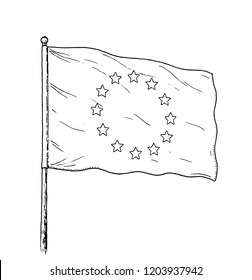 European Union Flag Drawing - Vintage Like Illustration Of Flag Of EU. Monochromatic Banner Contour On White Background.