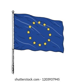 European Union flag drawing - vintage like illustration of flag of EU. Blue banner on white background.