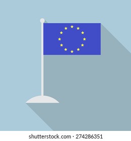 European Union flag with flagpole flat icon with long shadow. Vector illustration EPS10