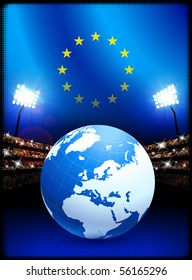 European Union Flag with Globe on Stadium Background Original Illustration