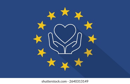 European Union Flag with Heart Representing Care and Solidarity with Long Shadow.