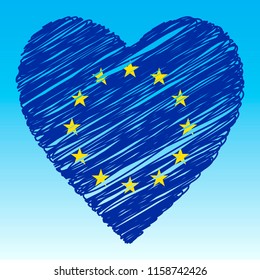 European Union flag, Heart shape, grunge style.