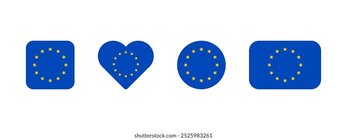 Symbol für die Flagge der Europäischen Union. Flagge von Europa, Vektorzeichen. Internationales Banner der EU. Blaues Emblem mit gelben Sternen. Minimalistisch einfaches Banner der Europäischen Union in vier verschiedenen Formen.