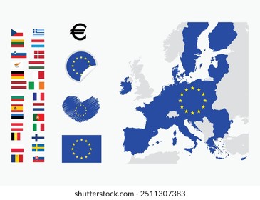 European Union Flag icon. Round flag of europe, Heart Flag. European Union countries flag, full map vector illustration