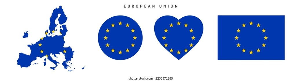 European Union flag icon set. EU pennant in official colors and proportions. Rectangular, map-shaped, circle and heart-shaped. Flat vector illustration isolated on white.