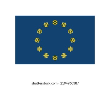 European union flag icon. Yellow snowflakes on a blue background, metaphor. Energy crisis in Europe. Vector illustration.