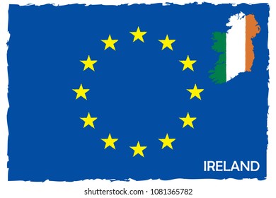European Union Flag & Ireland Map With Flag. EU Member. Hand Painted with Brush. Vector Illustration.