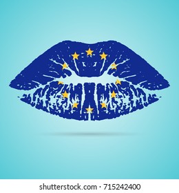 European Union Flag Lipstick On The Lips Isolated On A White Background. Vector Illustration. Kiss Mark In Official Colors And Proportions. Independence Day