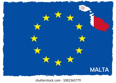 European Union Flag & Malta Map With Flag. EU Member. Hand Painted with Brush. Vector Illustration.