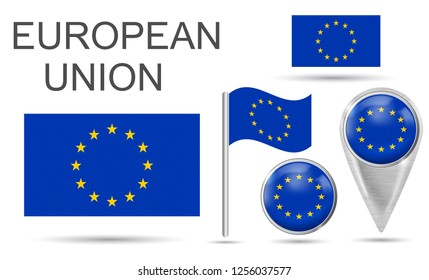 EUROPEAN UNION. Flag, map pointer, button, waving flag, symbol,flat icon and map of France in the colors of the national flag. Vector illustration of collection of national symbols on various objects.