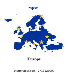 Flaggenkartenvektor der Europäischen Union. Eine saubere Vektorgrafik der Karte der Europäischen Union, gefüllt mit dem Design der EU-Flagge, mit tiefblauer Farbe und goldenen Sternen