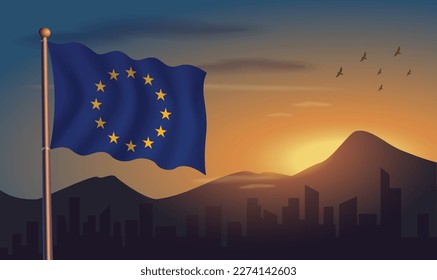 European Union flag with mountains and morning sun in the background