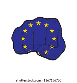 European Union flag on a clenched fist. Strength, Power, Protest concept
