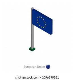 European Union Flag on Flagpole in Isometric dimension. Isometric blue background. Vector illustration.