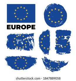 European Union Flag on Paint Trail View set. Vector stock illustration isolated on white. 
