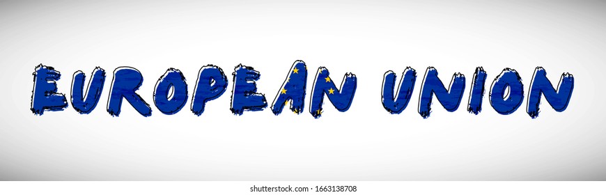 European Union flag on text typography. Country name banner strip. Classic typography background.