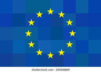 European union flag on unusual blue squares background. Foursquare design. Original proportions and high quality. Vector illustration. EU