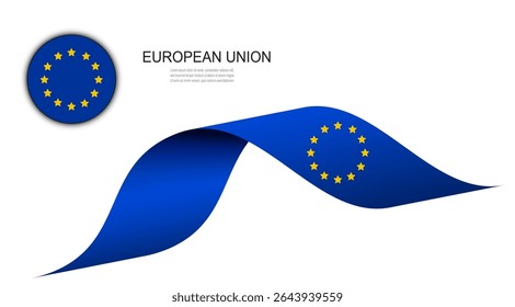Bandeira da União Europeia em fita ondulada e botão de círculo, ilustração de design de vetor de bandeiras da UE.