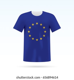 European union flag printed on a T-shirt. Vector shirt template, isolated on a white background. 