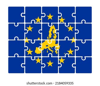European union flag puzzle on the white background. Flag of European union with maps member states.  EU concept for your web site design, app, UI. EPS10.