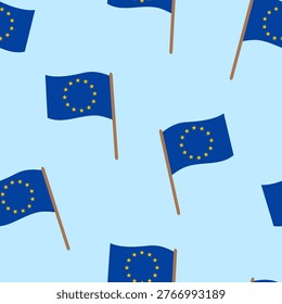 European Union flag seamless pattern. Flags of the EU on blue background. Europe Day celebration theme. Vector illustration in flat style.