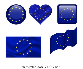 European Union flag set of icons. Vector flag of EU, symbol. Set of Europa flags - button, waved, heart.