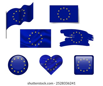 Symbolsatz für die Flagge der Europäischen Union. Vektorfahne der EU, Symbol. Set von Europa Flaggen Pinsel, Knopf, gewellt, Herz.