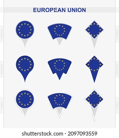 European Union flag, set of location pin icons of European Union flag. Vector illustration of national symbols.